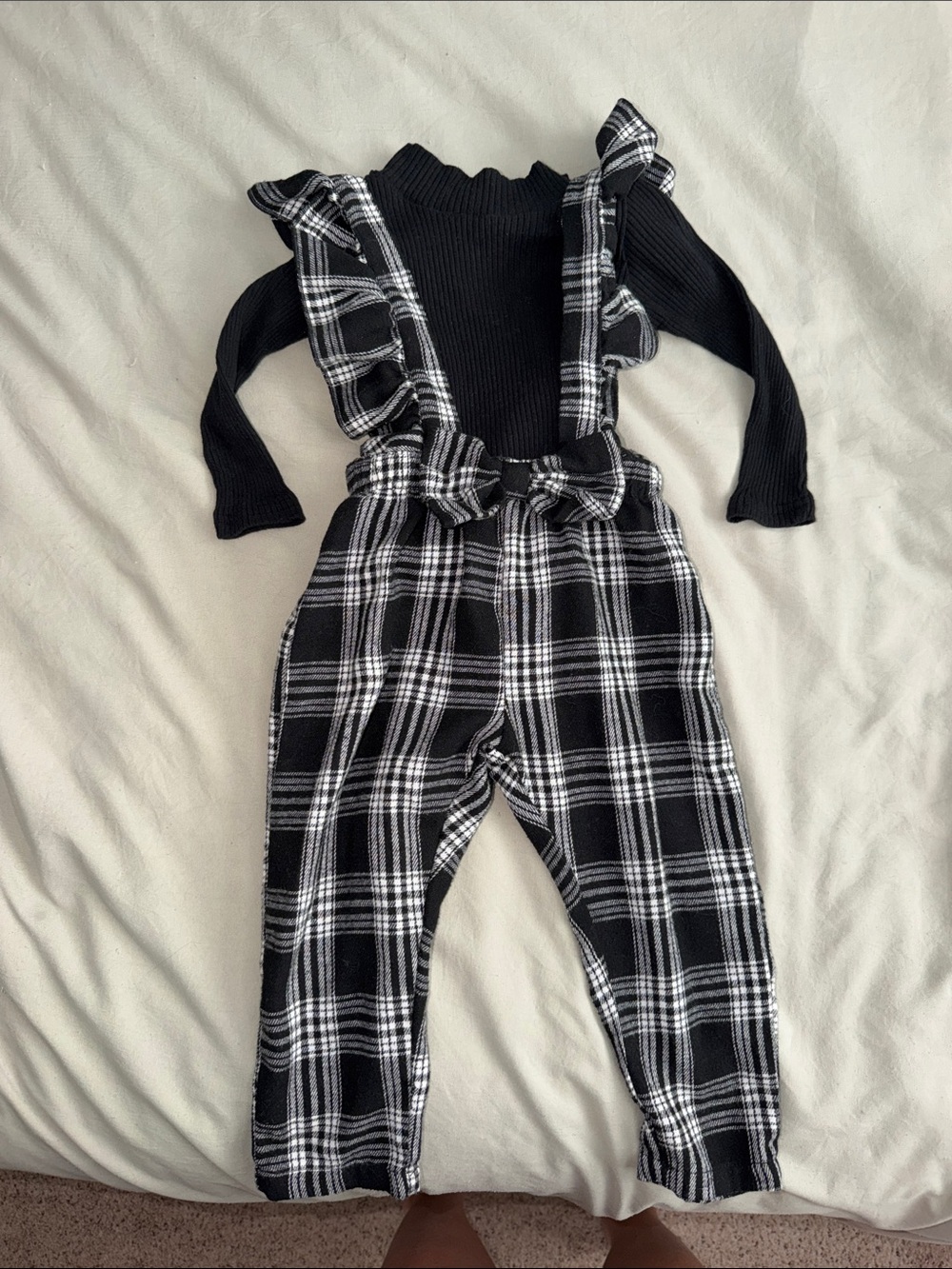 Black & White Plaid Ruffle Suspender Pants